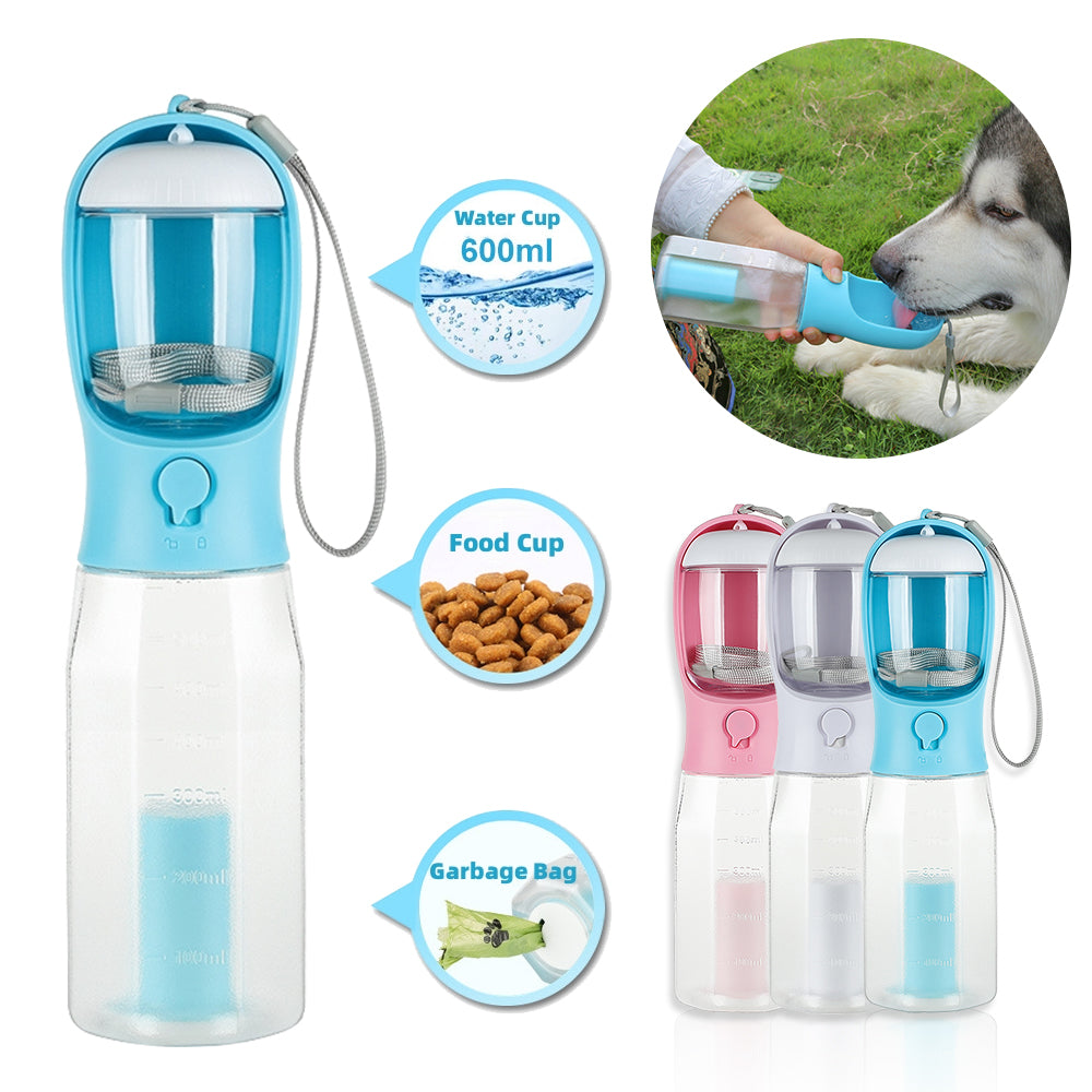 Portable Cat Dog Water Bottle Food Feeder Drinker Poop Dispenser 3 In 1